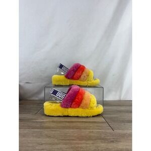 UGG Fluff Yeah Slide Rainbow Striped Sheepskin Platform Sandals 1097169 PRYW 6